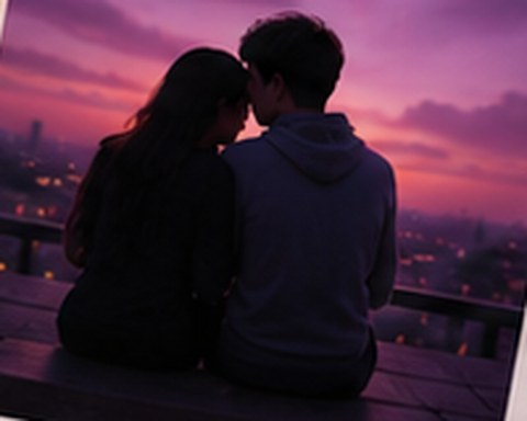 Two people close together under a purple sky