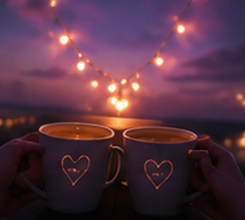 Two warm mugs with hearts under fairy lights