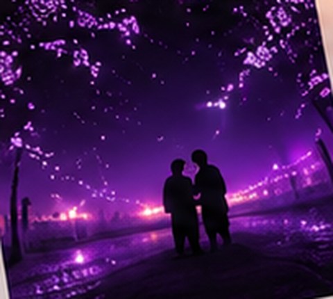 A couple beneath glowing purple trees