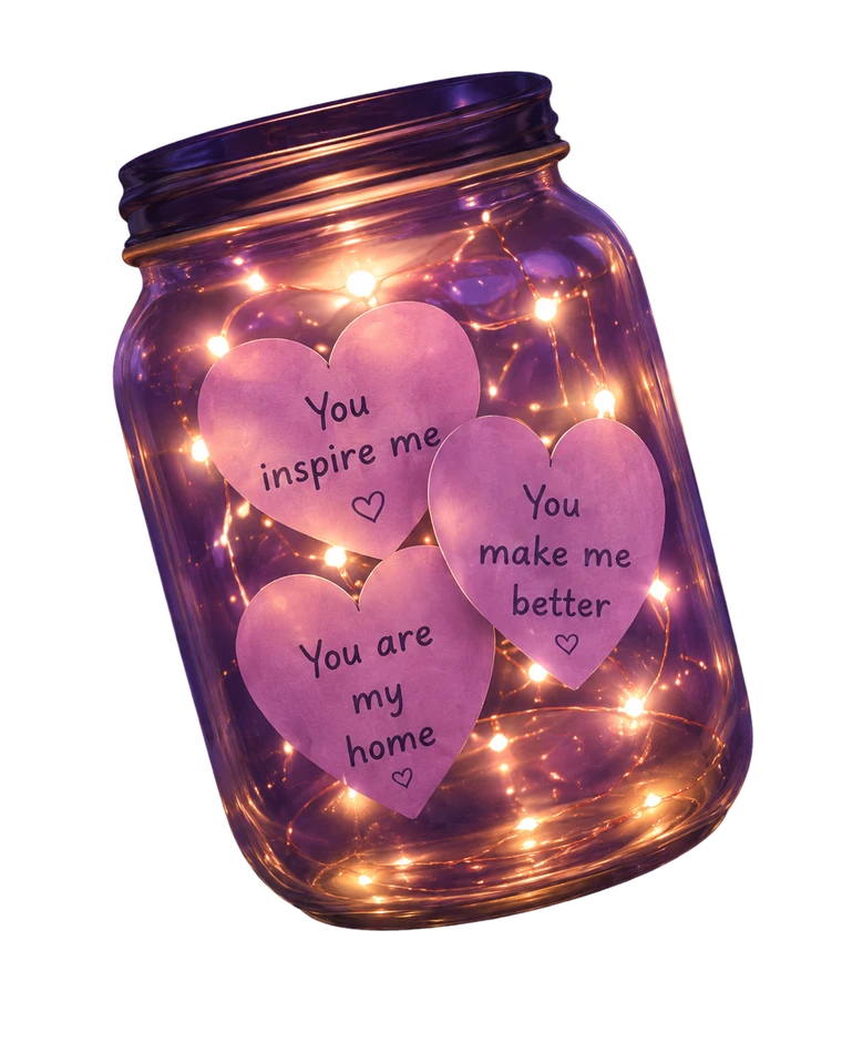 A glowing mason jar full of fairy lights and heart notes